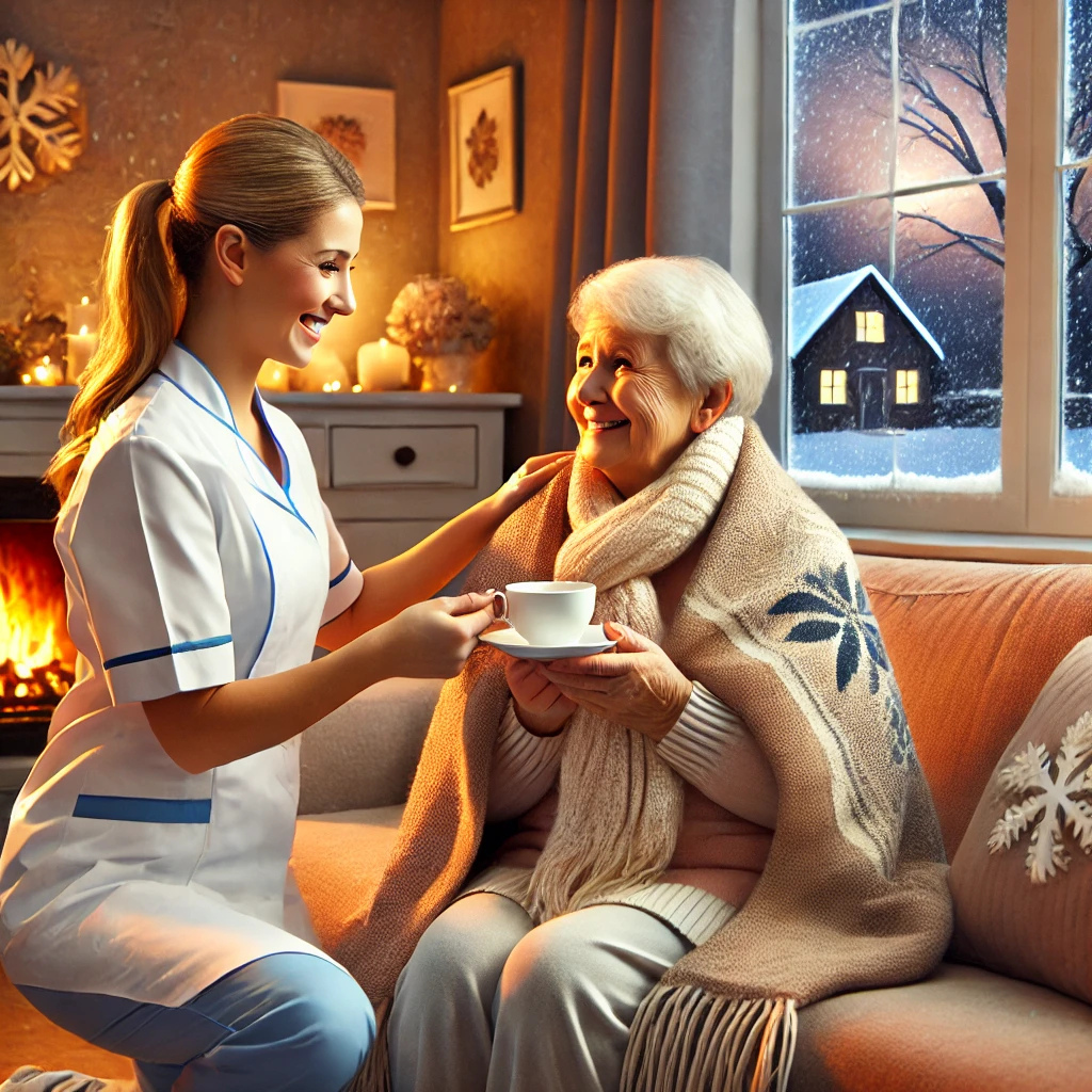 Cozy winter home care scene with an elderly person wrapped in a blanket, enjoying a cup of tea in a warm living room. A caring caregiver adjusts the blanket, ensuring comfort and safety. The room features a glowing fireplace, plush sofa, and snow falling outside the window, symbolising professional home care services during harsh UK winter